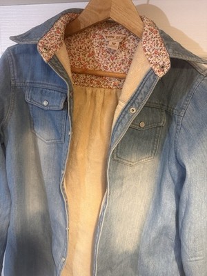 Toon Bear Designer Women Denim Shirt Floral Print Ladies Jacket Full Sleeves XL