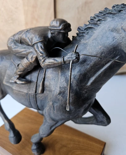 Antique Austin Sanfilippo Bronze Sculpture Race Horse Jockey Statue Wooden Base - Picture 9 of 14