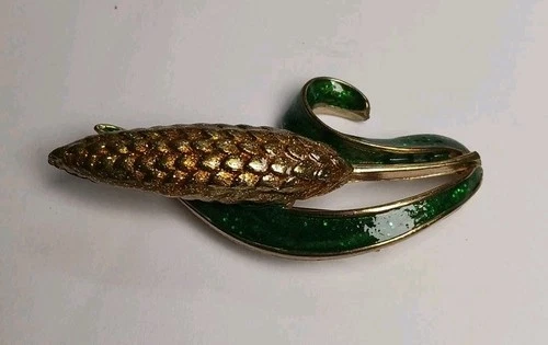 Vintage Enamel Corn Brooch Pin Green Gold Mid Century Costume Jewelry
