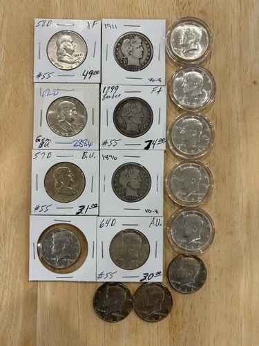Silver Half Dollar Lot 16 Mixed 3 Franklins, 3 Barbers & 10 64 Kennedy’s!! Nice