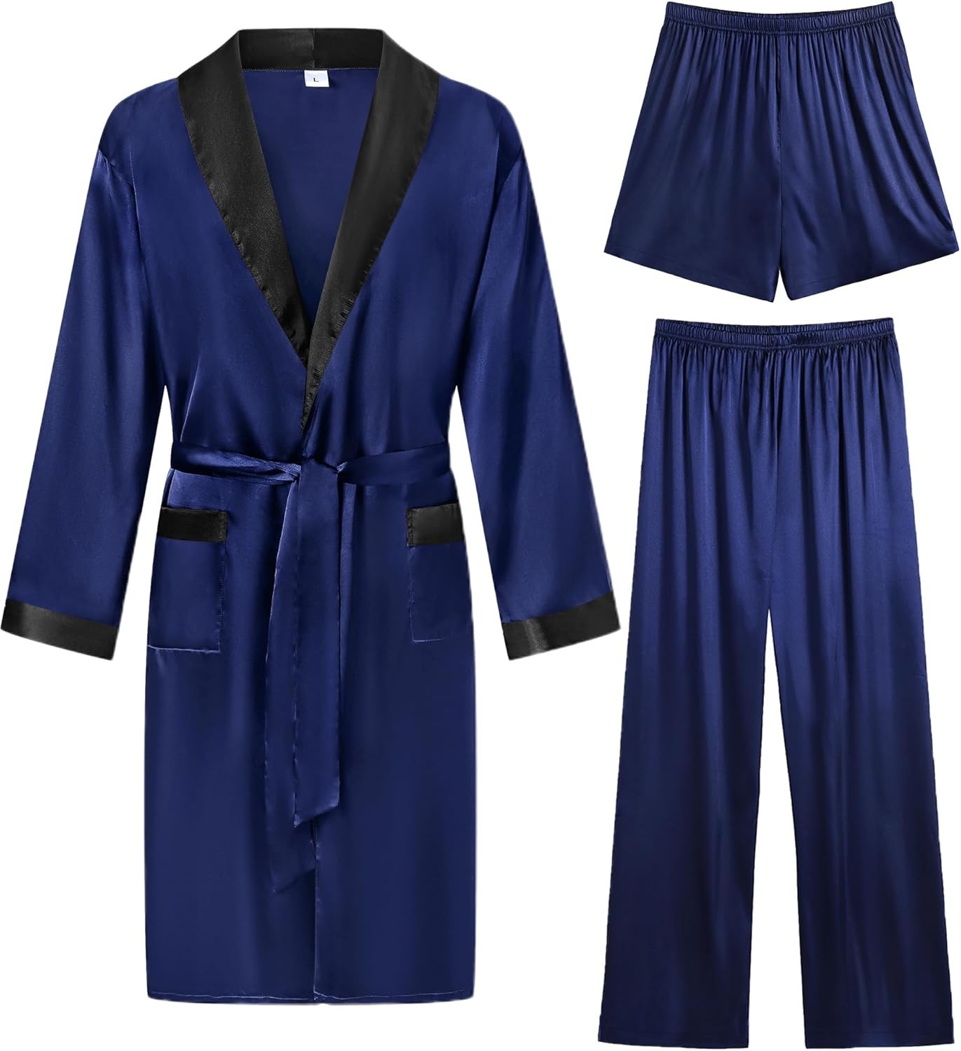 Men's 3-Piece Silk Satin Bathrobe Set Lightweight Kimono Sleepwear with Shorts
