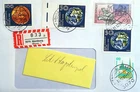 Federal FRG Mi 1406 SWK + GDR Mi 3355 + 3361 + 3363 IAF last day R-letter Nienburg