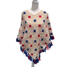 Vintage Hand Crochet Poncho Shawl Red Blue Fringe Cottagecore Western One Size