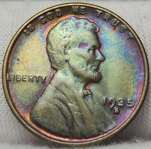 🌈 1935 S Lincoln Wheat Cent, Penny, Choice AU, RB, Beautiful Toning! LC-351
