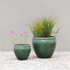 Primrose Glazed Terracotta Volterra Drip Effect Round Planter in Green