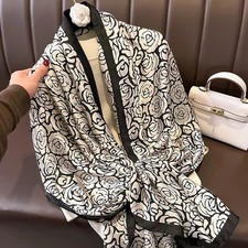 1 pcs 90x180cm black and white camellia small fragrance silk scarf women's all-m