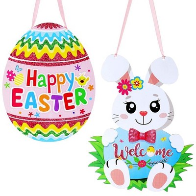 Jetec 2 Pieces Easter Door Decorations Glitter Happy Easter Egg Hunt Wooden H...