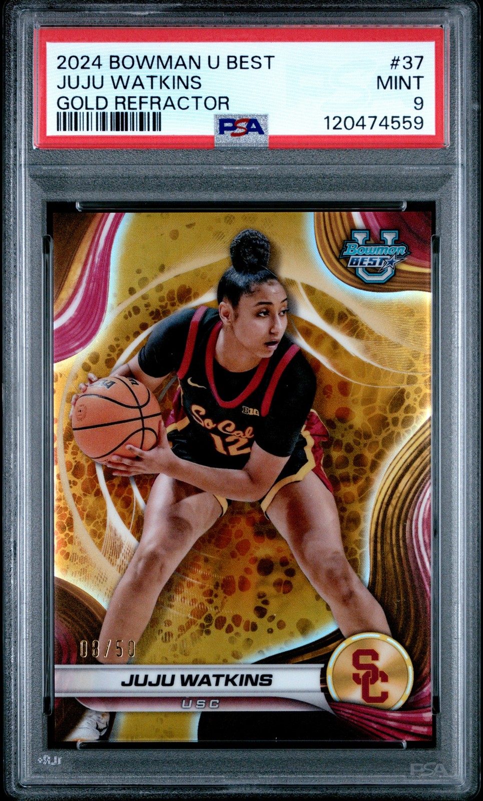 2024 BOWMAN UNIVERSITY BEST GOLD REFRACTOR #37 JUJU WATKINS 8/50 PSA 9