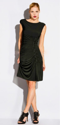 Laundry Shelli Segal Beaded Draped Black Matte Jersey Cocktail Dress 