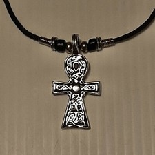 ANKH KEY OF LIFE CELTIC Pewter Pendant Charm / ROPE NECKLACE WITH COLOR BEADS