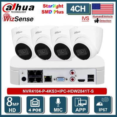 Dahua 4CH POE NVR 8MP IR Starlight IP Camera Wizsense Security System Kit Lot 4K