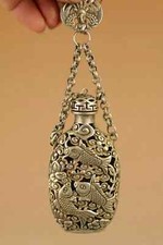 old tibetan silver hand carved hollow out fish lotus statue snuff bottle pendant