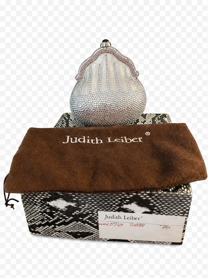 Judith Leiber Crystal Shell Minaudiere Clutch Silver Evening Bag Box Dust Bag - Image 2 of 4