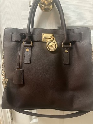 MICHAEL KORS HAMILTON LARGE SAFFIANO TOTE BAG, Dark Brown w/ gold links