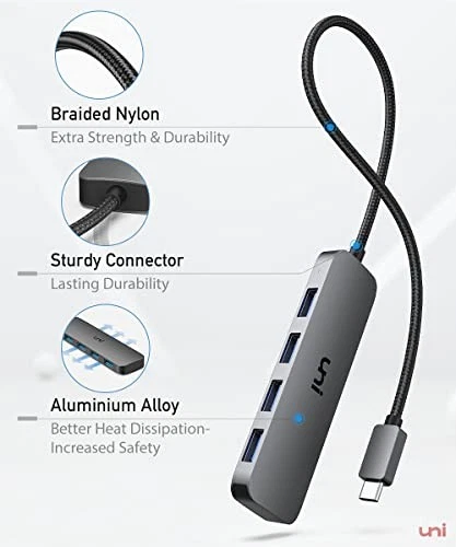 Compact 4-Port USB-C Hub with USB 3.0 – 0.6FT Aluminum Adapter