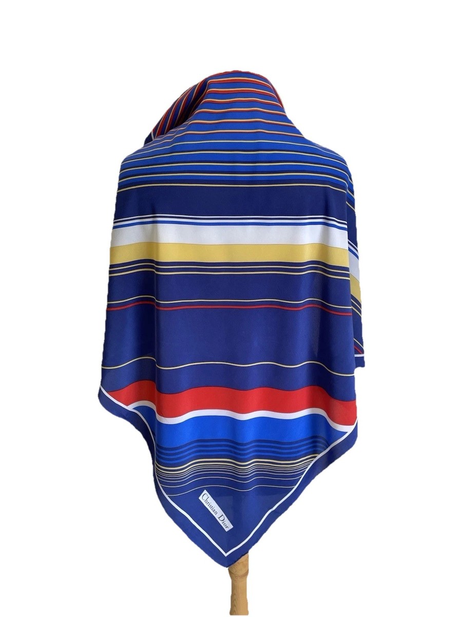 S28#Christian Dior 100% Silk Scarf Blue Striped Square Made in