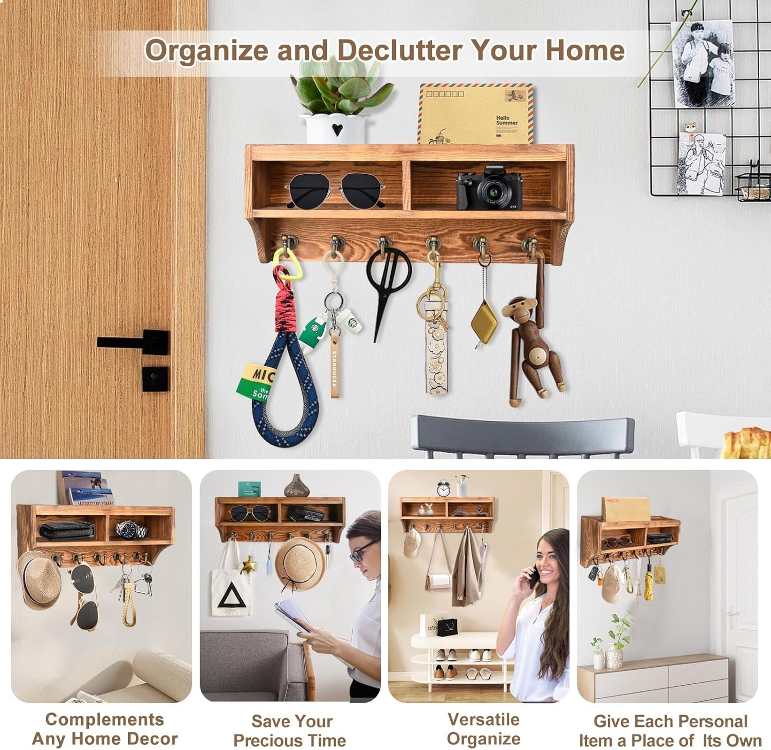 Key Holder Wall Mount Mail Organizer with 6 Hooks and Storage Box for Entryway