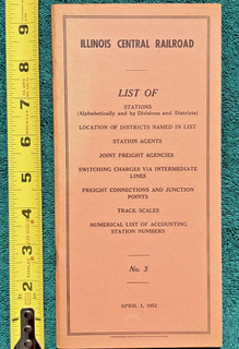 1952 Illinois Central Railroad Station List Freight Agency Railway Districts
