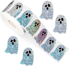 500Pcs Halloween Pholographic Ghost Stickers Rolls 1.2in Laser Ghost Waterproof