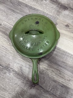 Griswold No. 7 Cast Iron Skillet with Self Basting Cover Lid Enamel Green