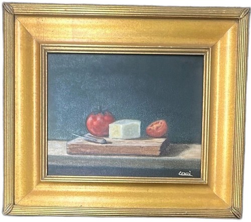 Gary Lenzi Original Oil Painting Tomatoes and Cheese 1980 20x17 Gold Frame