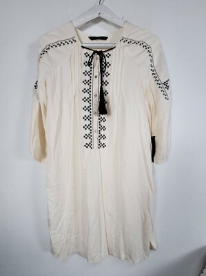 Zara Basic Embroidered Boho Peasant Tunic Dress Medium Cream 3/4 Sleeve New $59