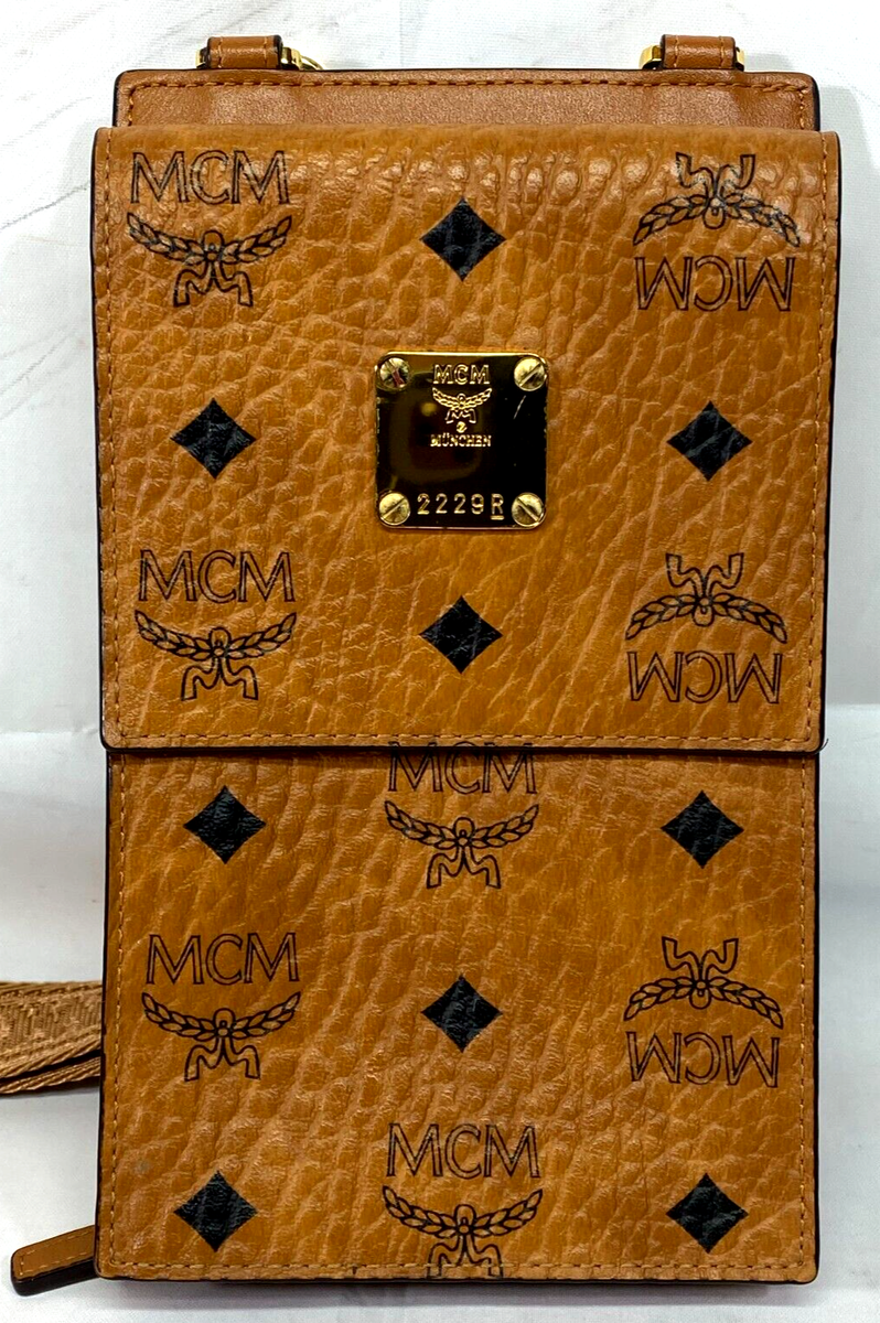 MCM Visetos Cognac Leather Phone Case / Wallet Crossbody Bag | eBay