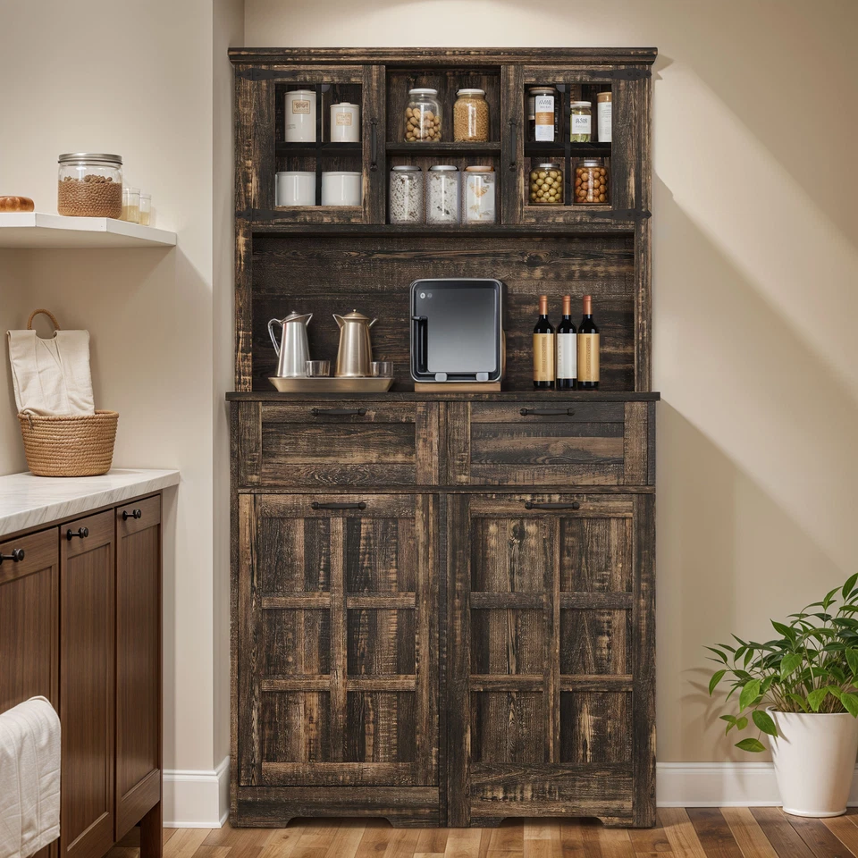 Gabinete de cocina 69" bote de basura despensa almacenamiento estantes ajustables con tomas de corriente Foto 2 de 4