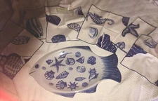 Vtge Centrum China Hand Painted Fish Platter 16”X10”Signed W/6 Napkins New