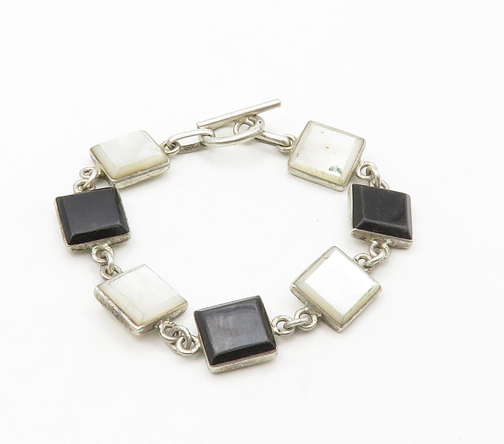 925 Silver Vintage Mother Of Pearl & Black Onyx Chain