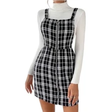 Women's Black White Plaid Overall Dress Suspender Skirt Zipper, Sz L