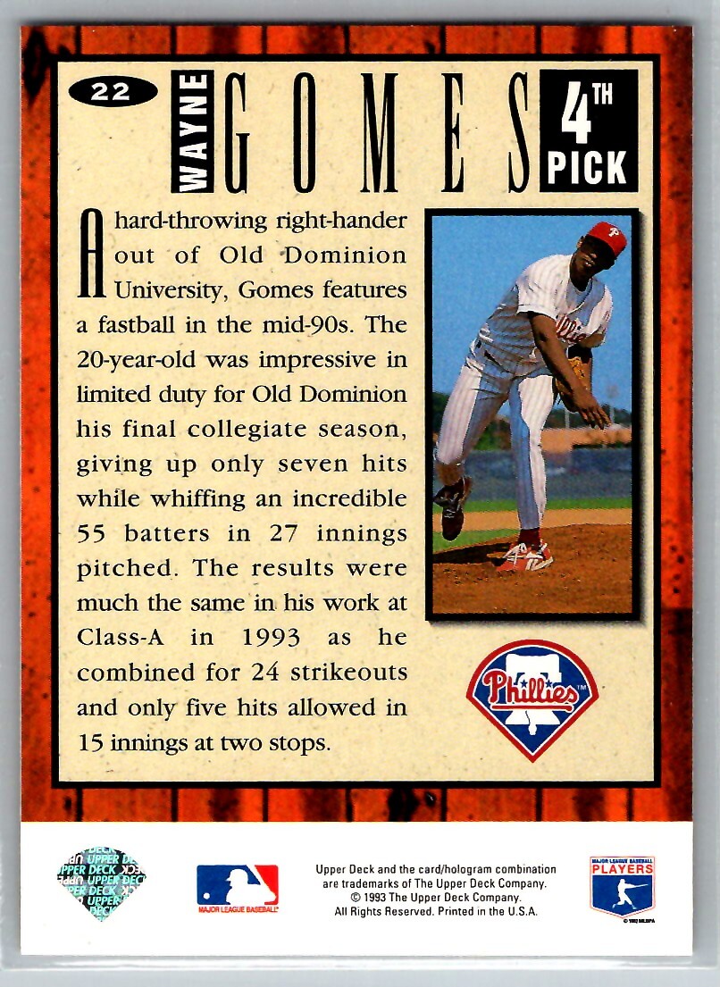1994 COLLECTOR'S CHOICE WAYNE GOMES RC PHILADELPHIA PHILLIES #22