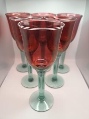 Vintage Red & Blue Stemmed Wine Goblet Glasses Set of Six