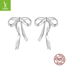 Fashionable 925 Sterling Silver Ribbon Bow Stud Earrings For Women Jewelry Gifts