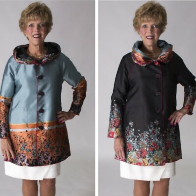 UBU Reversible Black to Sky Blue and Orange 37  Raincoat with Floral Design