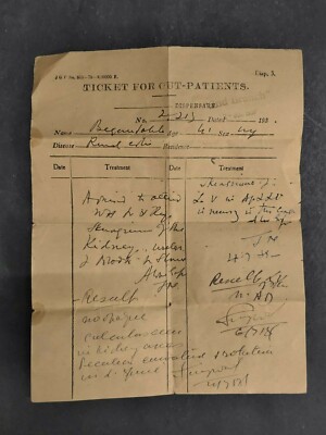 Alt Vintage Selten Ticket Für Out Patienten Handwritten Slip ''1931''