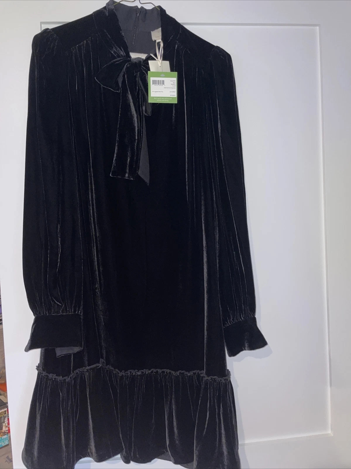 Mini Abito Kate Spade Nero Velluto Cravatta Cambio Anteriore Orlo Increspato Taglia XS NUOVO CON ETICHETTE