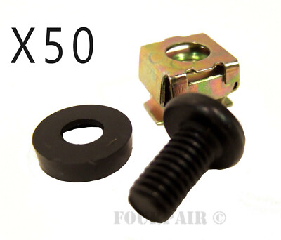 50 Pack Lot - M6 Rack Mount Cage Nuts, Screws, & Washers - Square Clips Server
