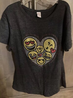 MONAG GIRLS GRAY CUSTOM SHORT SLEEVE SHIRT W/HEART RHINESTONES & EMOJIS SZ MED