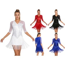 Women Dancewear Samba Skirt Latin Mini Dress Flamenco V Neck Flapper Events