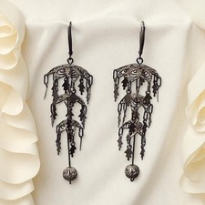 Gorgeous Antique Oxidized Sterling Silver 3-Tier Filigree Chandelier Earrings