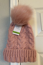 Time and Tru Cable Knit Bobble Hat with Acrylic Pom-Pom - Pink - One Size NWT
