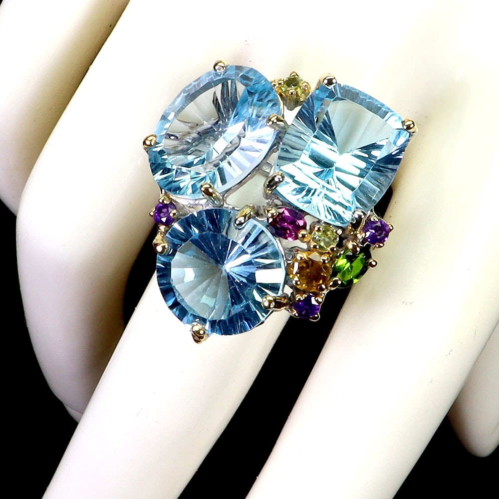 925 Sterling Silver Ring Oval Swiss Blue Topaz 36ct Peridot Handmade Gems Size 9
