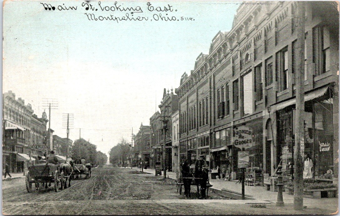 1910, Main Street Looking East, MONTPELIER, Ohio Postcard