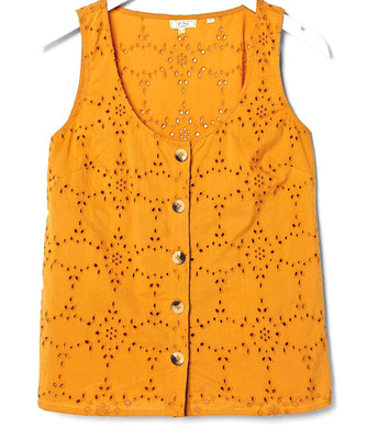 Fat Face Tia Broderie Camisole saffron mustard yellow cotton top Size 14 vgc