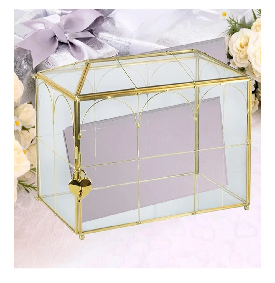 Caja de tarjetas grande dorada y de vidrio con cerradura y ranura para tarjetas de recepción de boda nueva en caja Foto 4 de 4