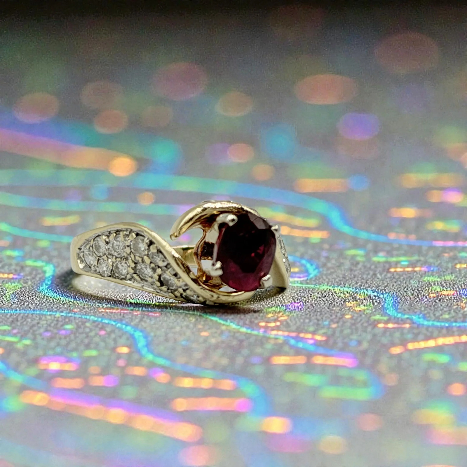 Solid 14K Yellow Gold Ruby Ring with 24 Diamond A… - image 14