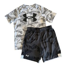 Under Armour Boys Gray Black Camo Athletic Shirt Shorts Set - Youth Large