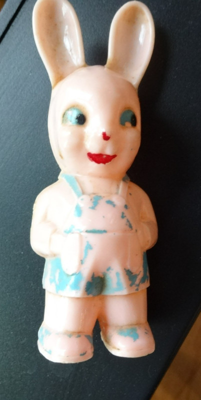 Easter Rattle Plastic Easter Bunny Rabbit Pink Blue Clothes Kewpie Vintage