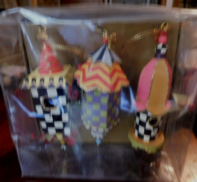 MACKENZIE-CHILDS SPRING BIRDHOUSE ORNAMENTS,SET OF 3 ,NEW IN ORIGINAL BOX